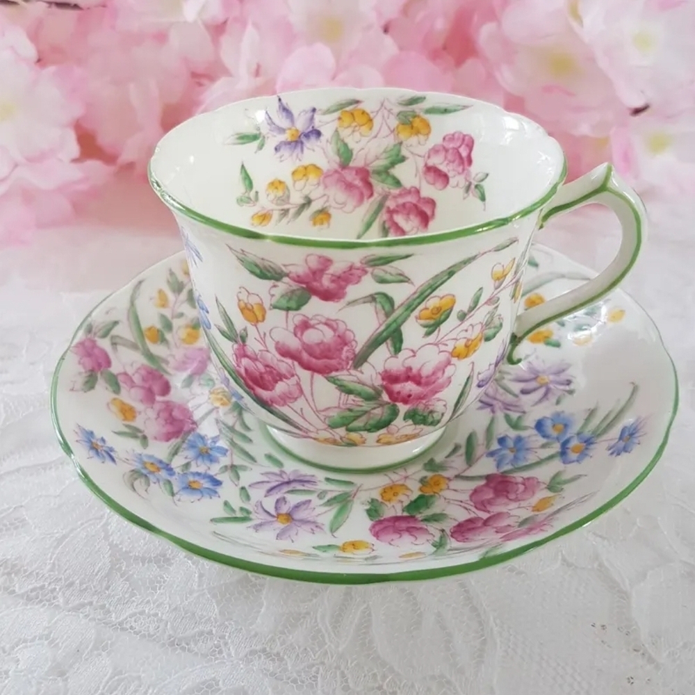 Hammersley English Bone China Tea Cup and Saucer, Pink Blue Mauve Florals